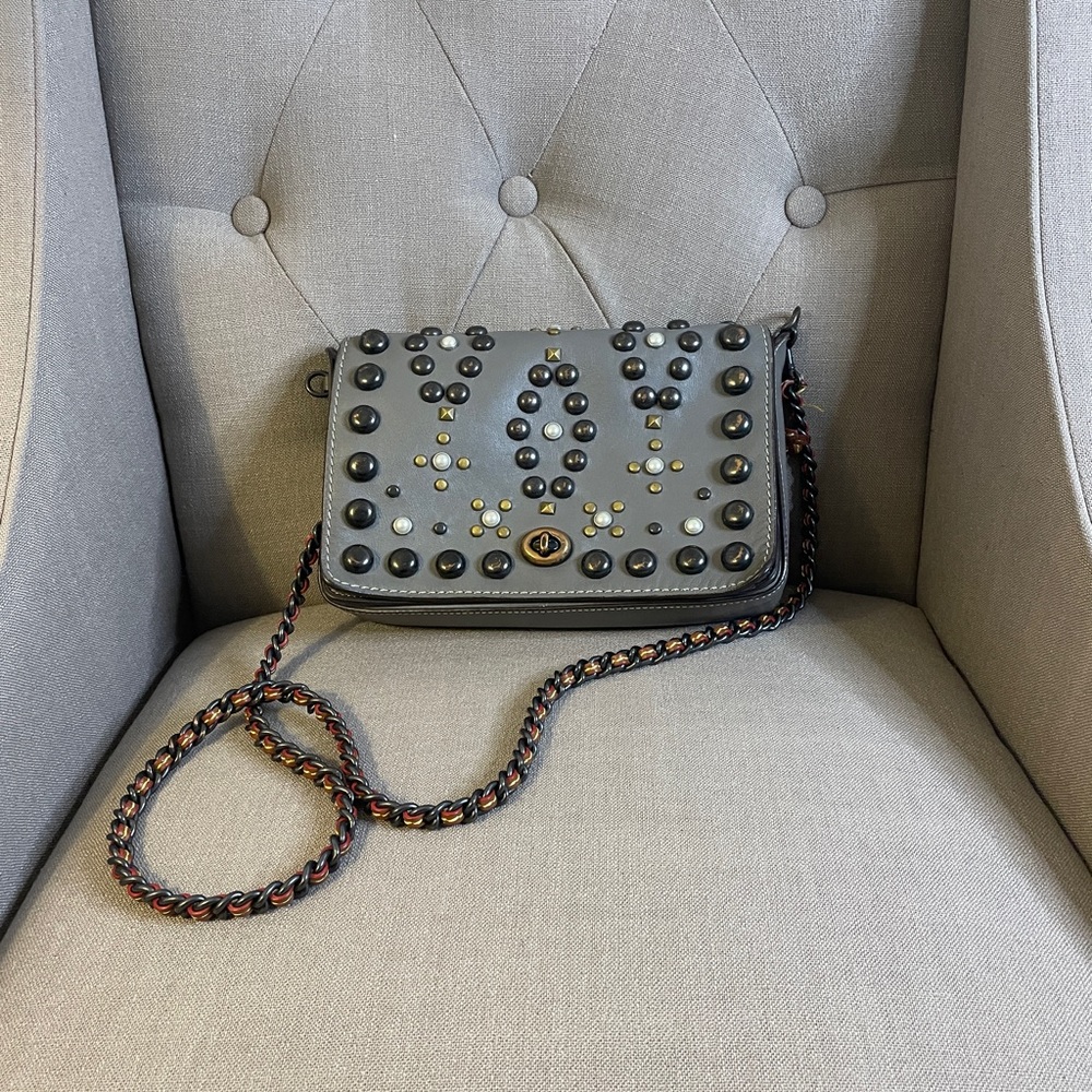 Coach Grey Leather Rivet Studs Crossbody Purse
